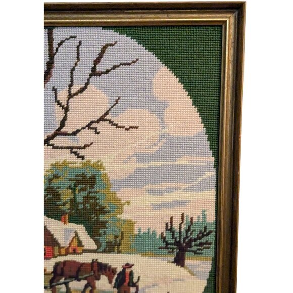 Vintage Framed Needlepoint Cross Stitch Winter Scene With Horse & Cottage - Picture 8 of 14